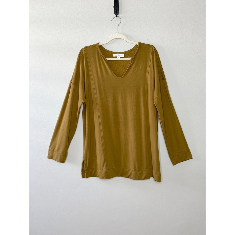 Pure Jill Tranquility Fleece Tunic Top L Honey Brown V-Neck Long Sleeve Cozy